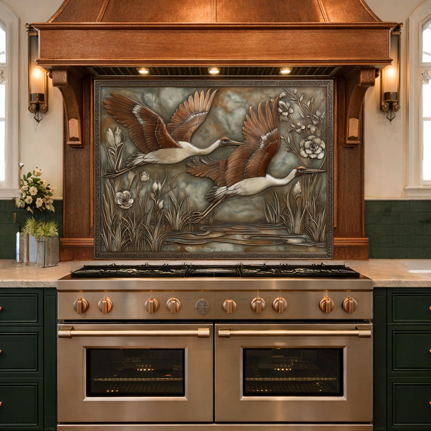Copper Relief Cranes over Wetland Tempered Glass Backsplash, Wildlife Botanical Wall Panel, Stove Guard