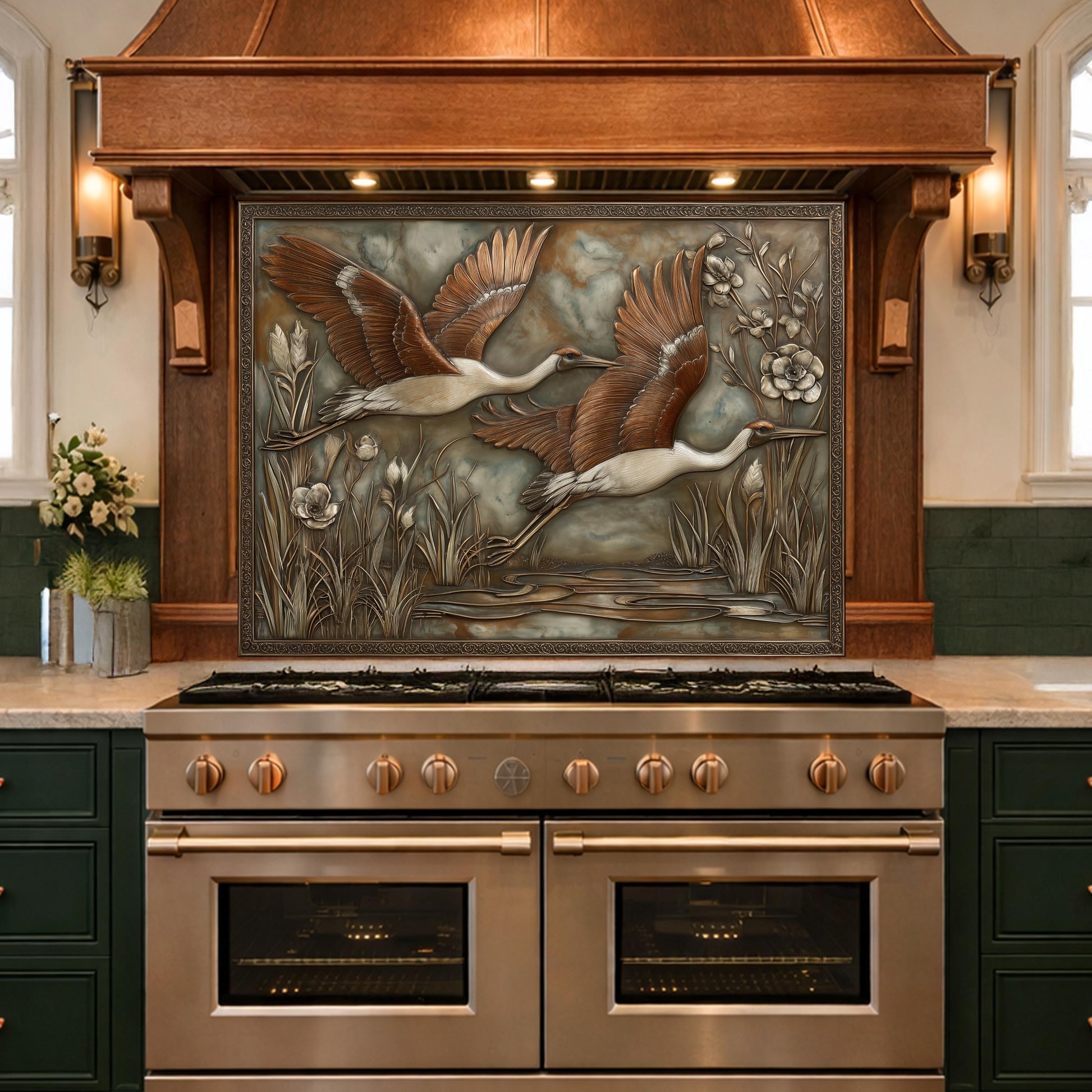 Copper Relief Cranes over Wetland Tempered Glass Backsplash, Wildlife Botanical Wall Panel, Stove Guard