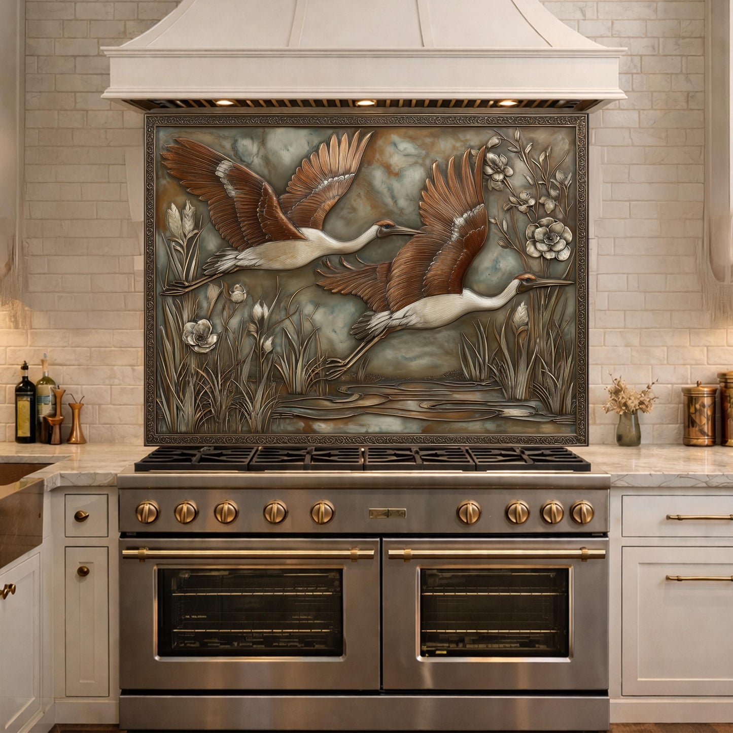 Copper Relief Cranes over Wetland Tempered Glass Backsplash, Wildlife Botanical Wall Panel, Stove Guard