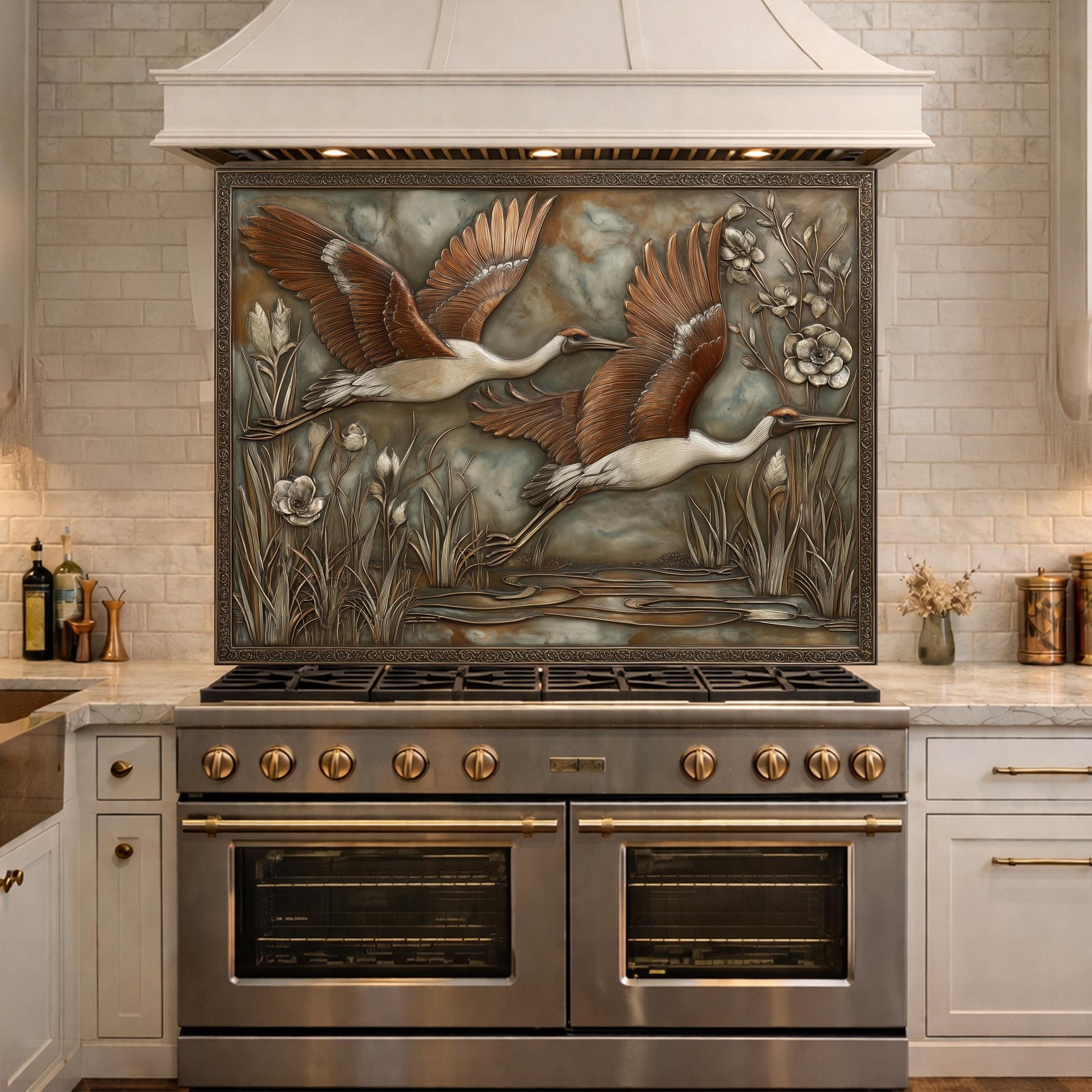 Copper Relief Cranes over Wetland Tempered Glass Backsplash, Wildlife Botanical Wall Panel, Stove Guard