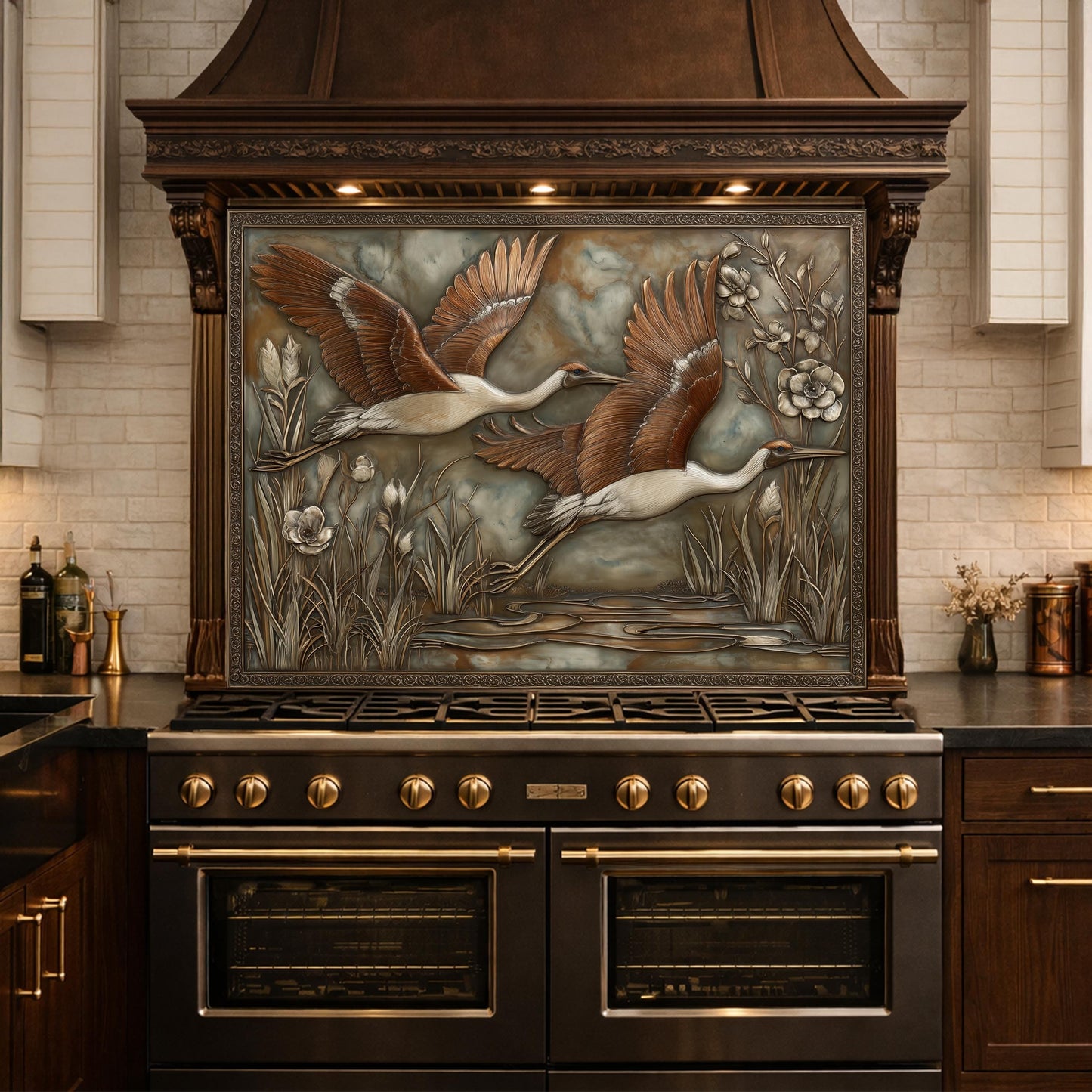Copper Relief Cranes over Wetland Tempered Glass Backsplash, Wildlife Botanical Wall Panel, Stove Guard