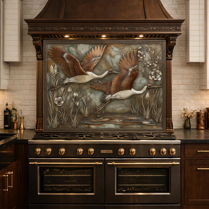 Copper Relief Cranes over Wetland Tempered Glass Backsplash, Wildlife Botanical Wall Panel, Stove Guard