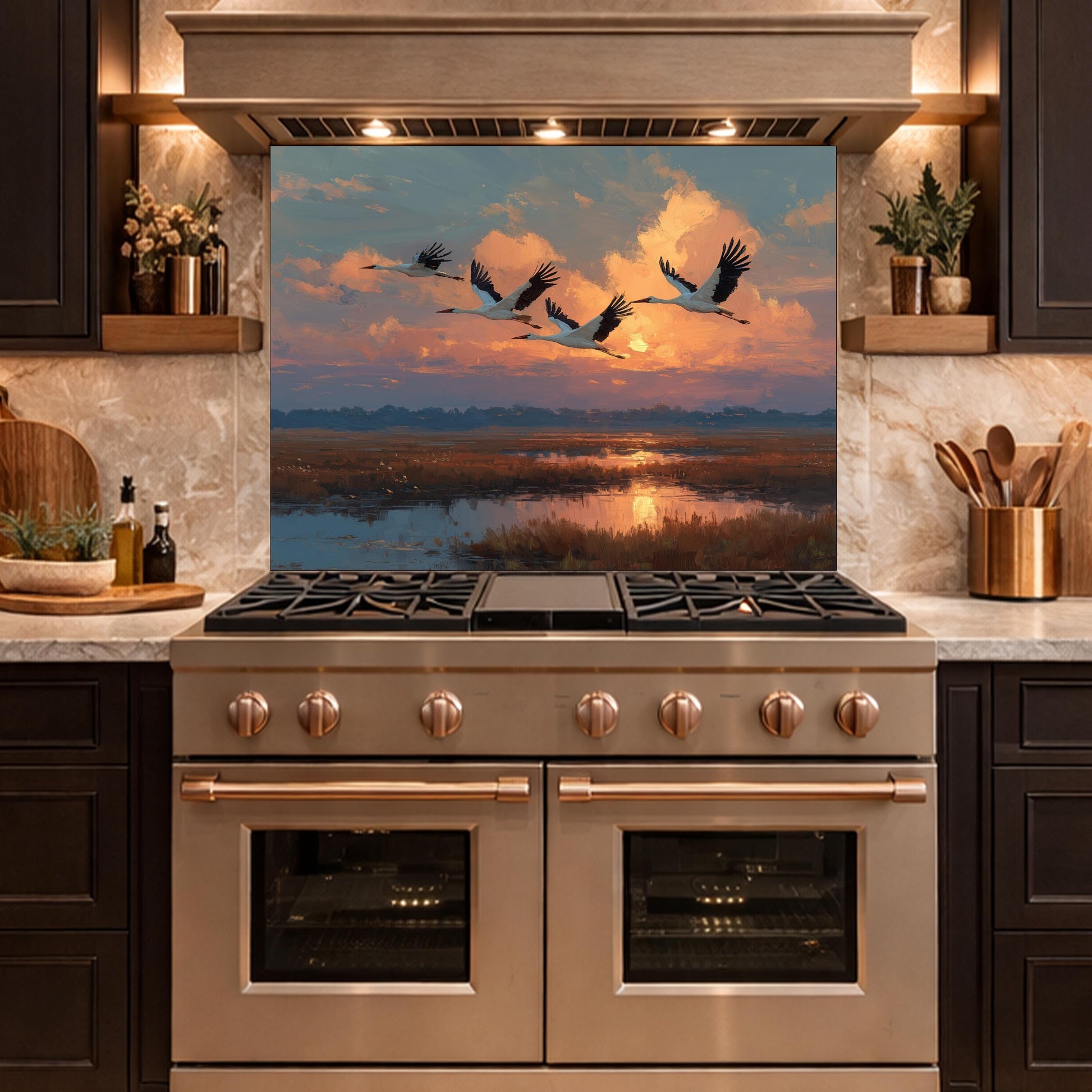 Ethereal Sunset Storks Flight Tempered Glass Backsplash, Wildlife Marsh Landscape Wall Panel, Stove Guard