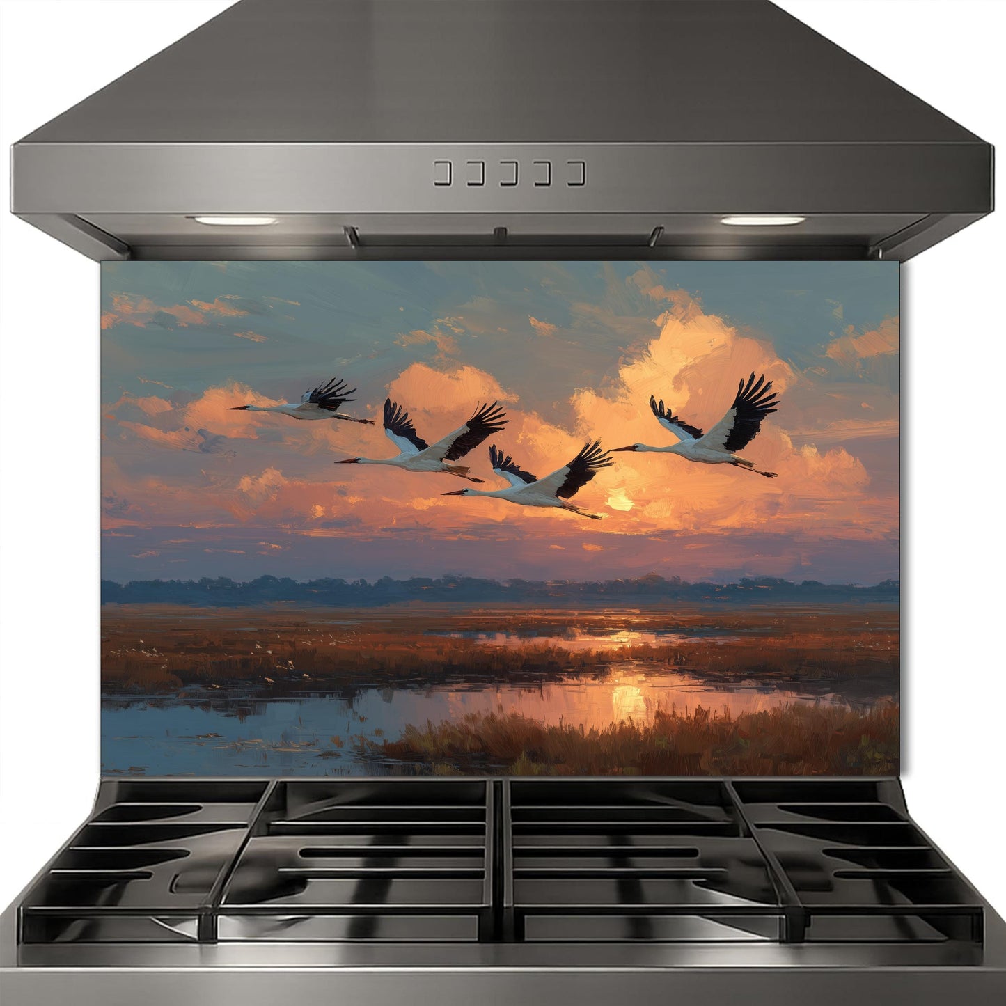 Ethereal Sunset Storks Flight Tempered Glass Backsplash, Wildlife Marsh Landscape Wall Panel, Stove Guard