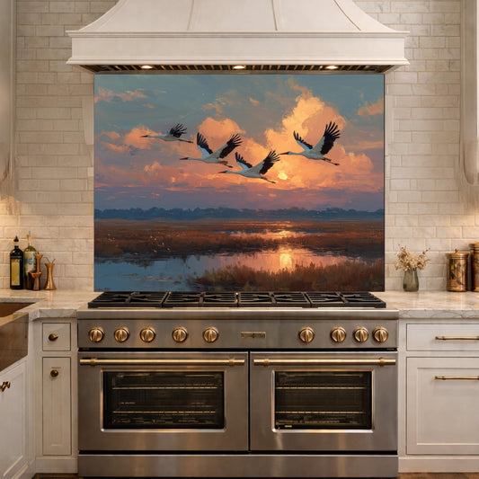 Ethereal Sunset Storks Flight Tempered Glass Backsplash, Wildlife Marsh Landscape Wall Panel, Stove Guard