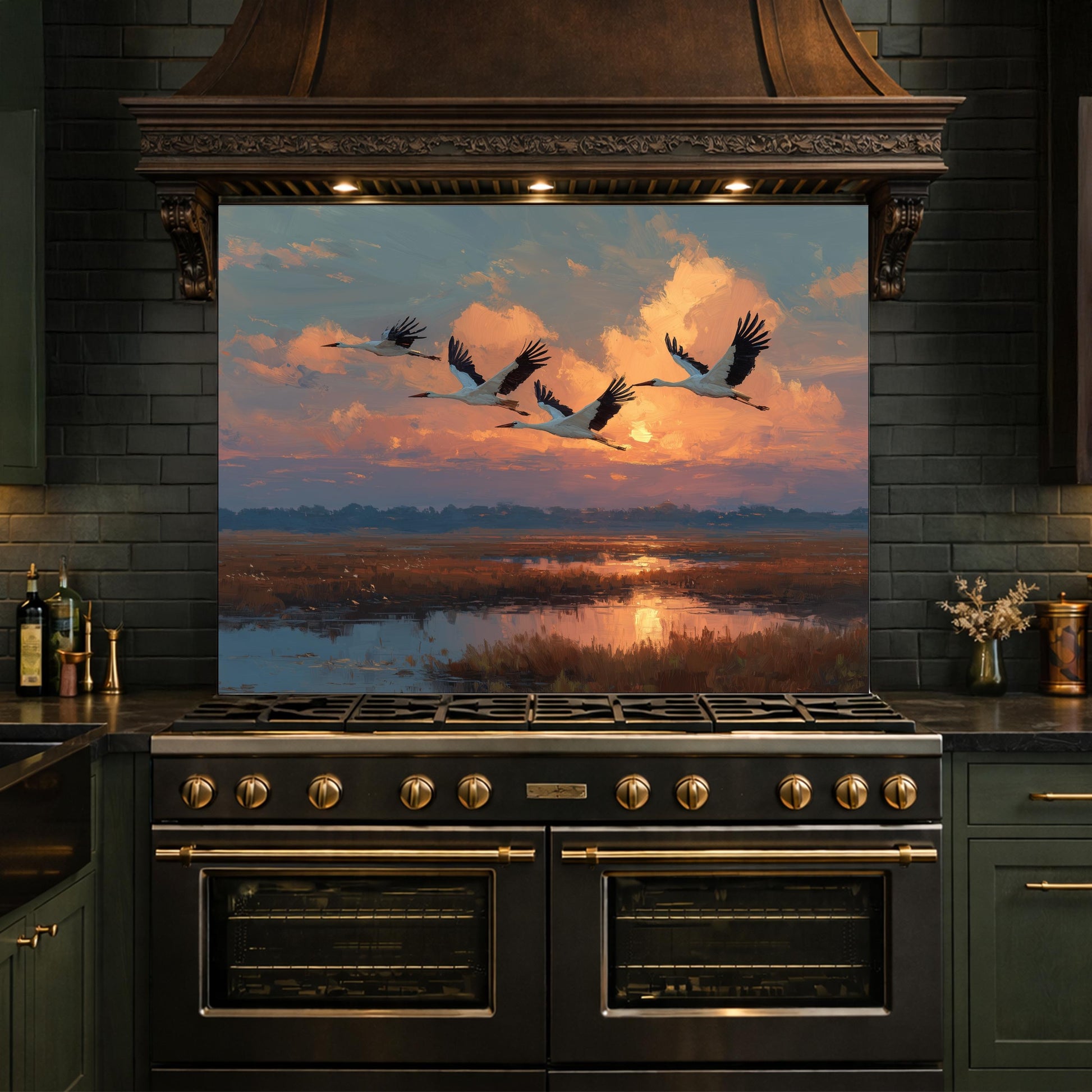 Ethereal Sunset Storks Flight Tempered Glass Backsplash, Wildlife Marsh Landscape Wall Panel, Stove Guard