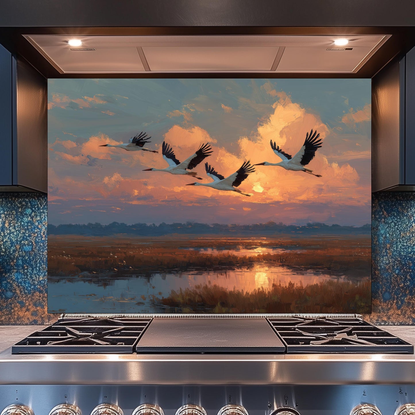 Ethereal Sunset Storks Flight Tempered Glass Backsplash, Wildlife Marsh Landscape Wall Panel, Stove Guard