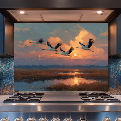 Ethereal Sunset Storks Flight Tempered Glass Backsplash, Wildlife Marsh Landscape Wall Panel, Stove Guard
