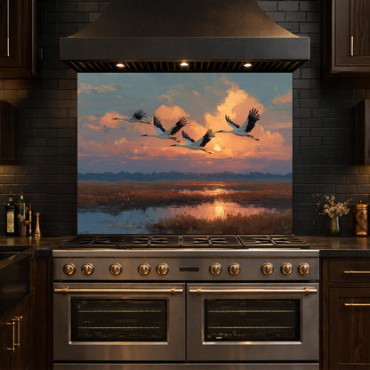 Ethereal Sunset Storks Flight Tempered Glass Backsplash, Wildlife Marsh Landscape Wall Panel, Stove Guard