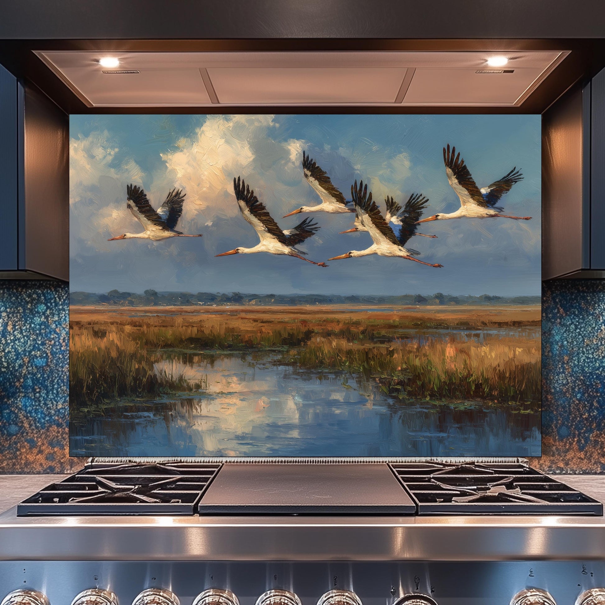 Copper Crane Relief Tempered Glass Backsplash, Wildlife Wetland Wall Panel, Stove Guard