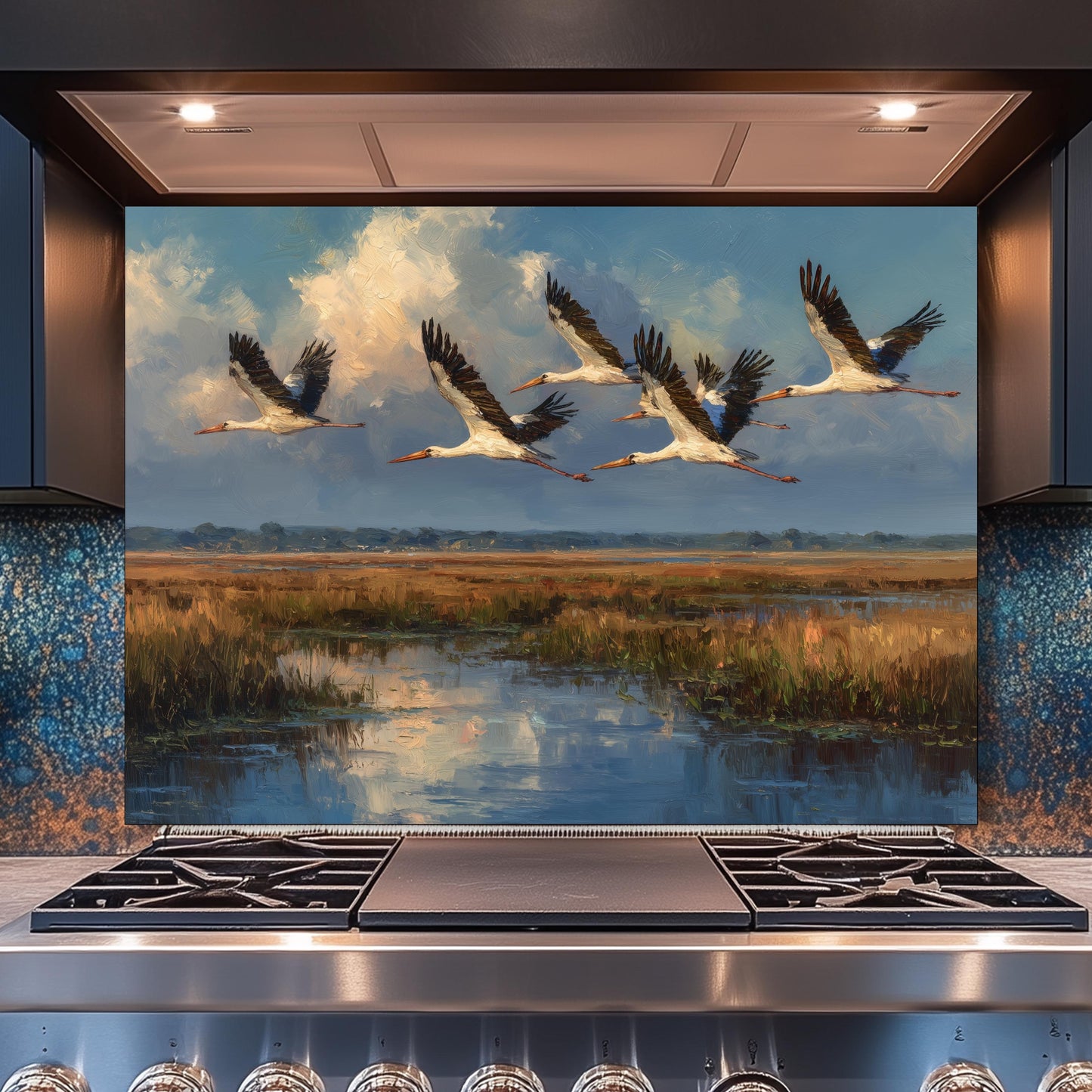 Hammered Copper Birds and Flowers Tempered Glass Backsplash, Rustic Metal Relief Wall Panel