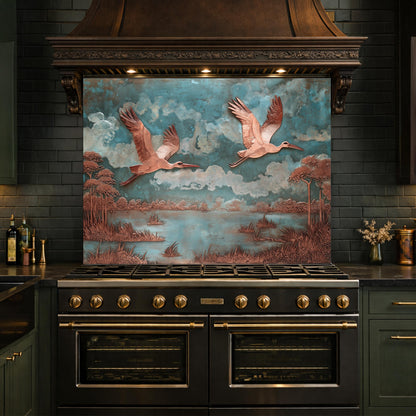 Copper Relief Flying Storks Tempered Glass Backsplash, Rustic Nature Wall Panel, Stove Guard