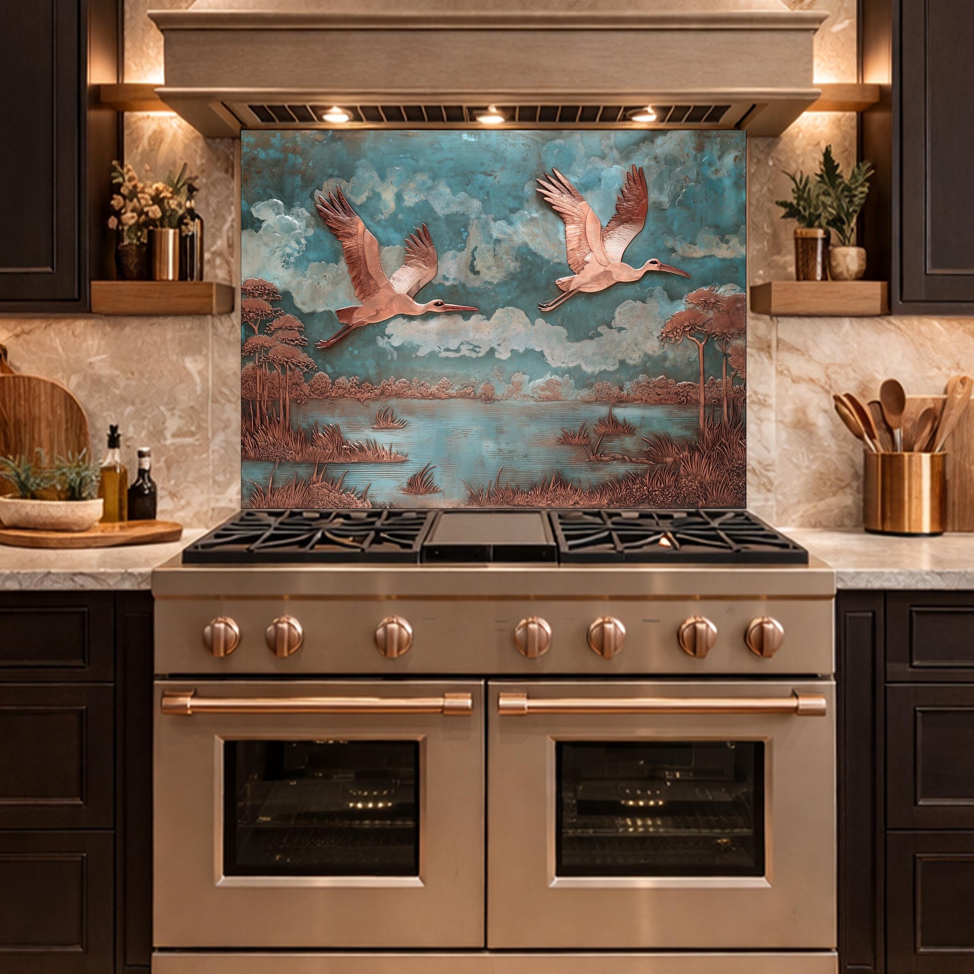Copper Relief Flying Storks Tempered Glass Backsplash, Rustic Nature Wall Panel, Stove Guard