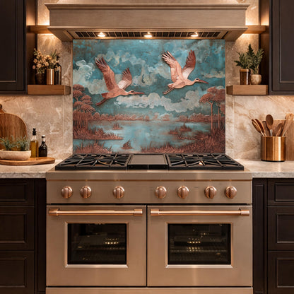 Copper Relief Flying Storks Tempered Glass Backsplash, Rustic Nature Wall Panel, Stove Guard