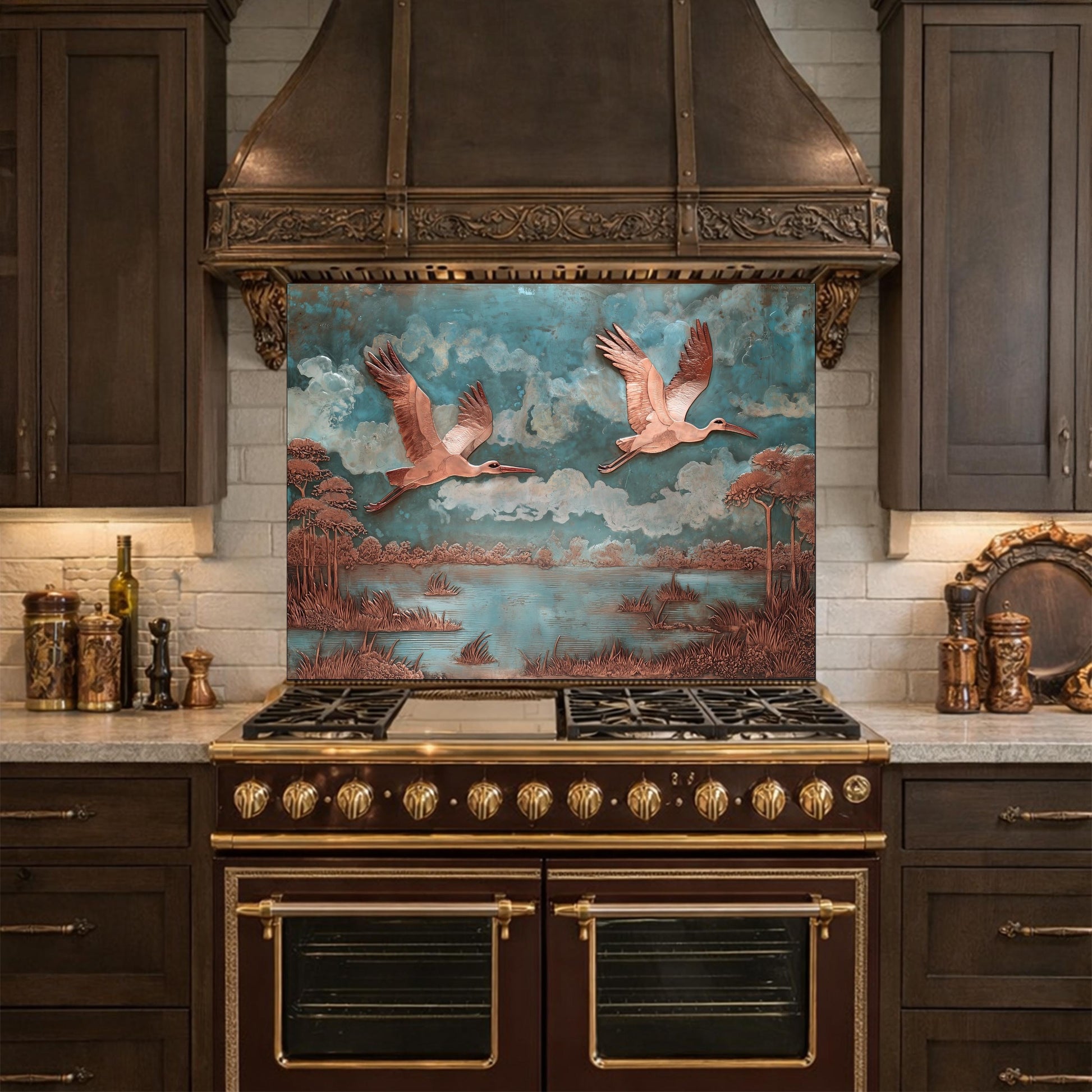 Copper Relief Flying Storks Tempered Glass Backsplash, Rustic Nature Wall Panel, Stove Guard