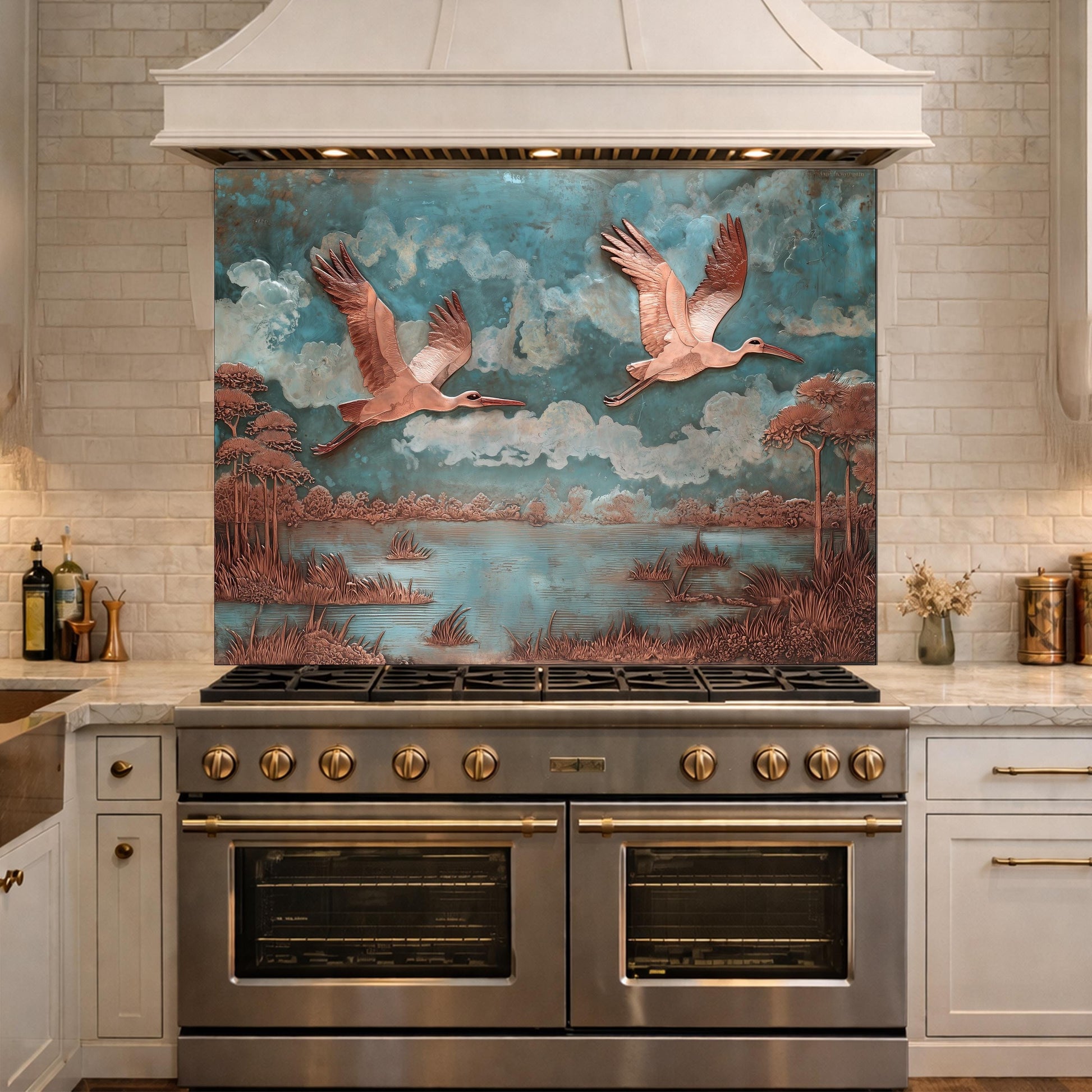 Copper Relief Flying Storks Tempered Glass Backsplash, Rustic Nature Wall Panel, Stove Guard