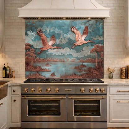 Copper Relief Flying Storks Tempered Glass Backsplash, Rustic Nature Wall Panel, Stove Guard