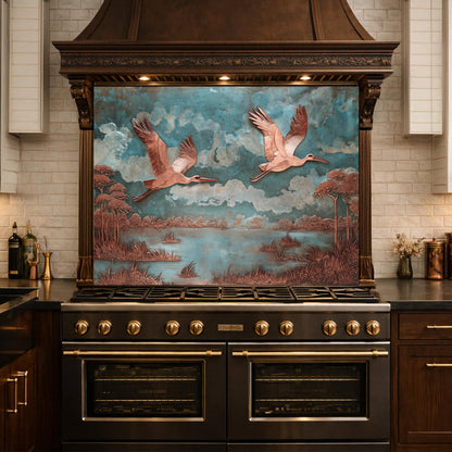 Copper Relief Flying Storks Tempered Glass Backsplash, Rustic Nature Wall Panel, Stove Guard