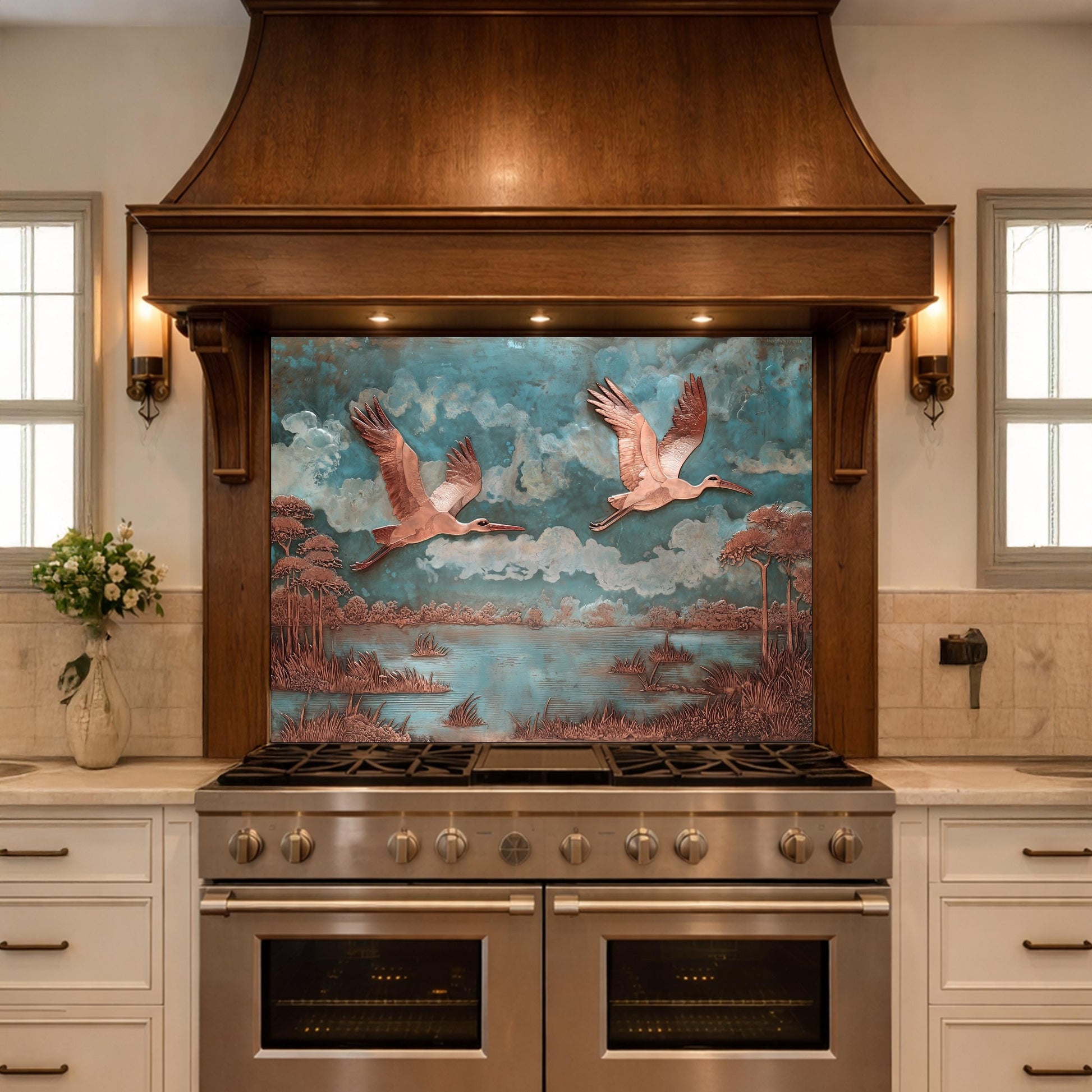 Copper Relief Flying Storks Tempered Glass Backsplash, Rustic Nature Wall Panel, Stove Guard