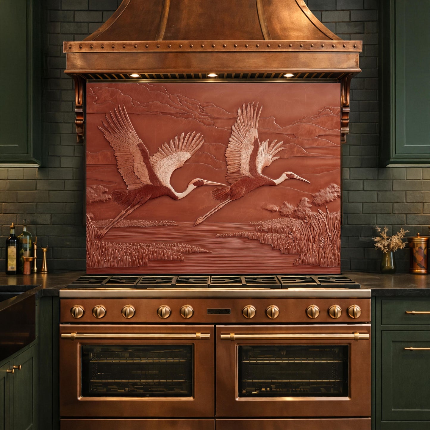 Copper Crane Relief Tempered Glass Backsplash, Wildlife Wetland Wall Panel, Stove Guard
