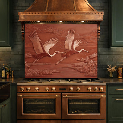 Copper Crane Relief Tempered Glass Backsplash, Wildlife Wetland Wall Panel, Stove Guard