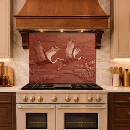 Copper Crane Relief Tempered Glass Backsplash, Wildlife Wetland Wall Panel, Stove Guard