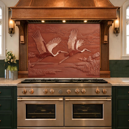 Copper Crane Relief Tempered Glass Backsplash, Wildlife Wetland Wall Panel, Stove Guard