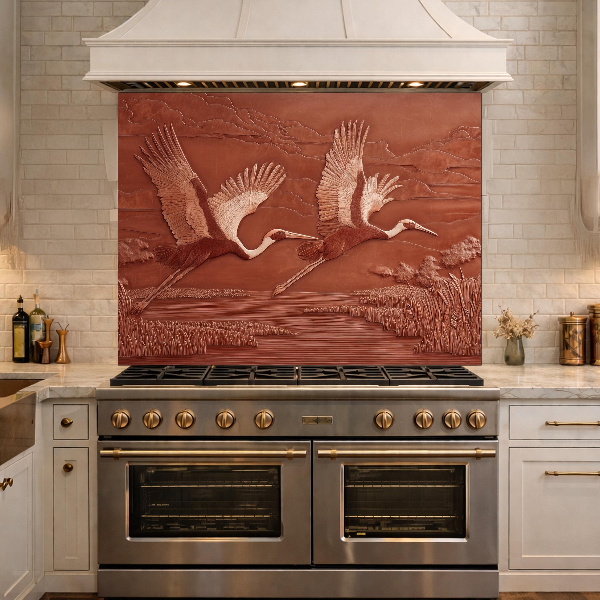 Copper Crane Relief Tempered Glass Backsplash, Wildlife Wetland Wall Panel, Stove Guard