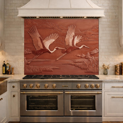 Copper Crane Relief Tempered Glass Backsplash, Wildlife Wetland Wall Panel, Stove Guard