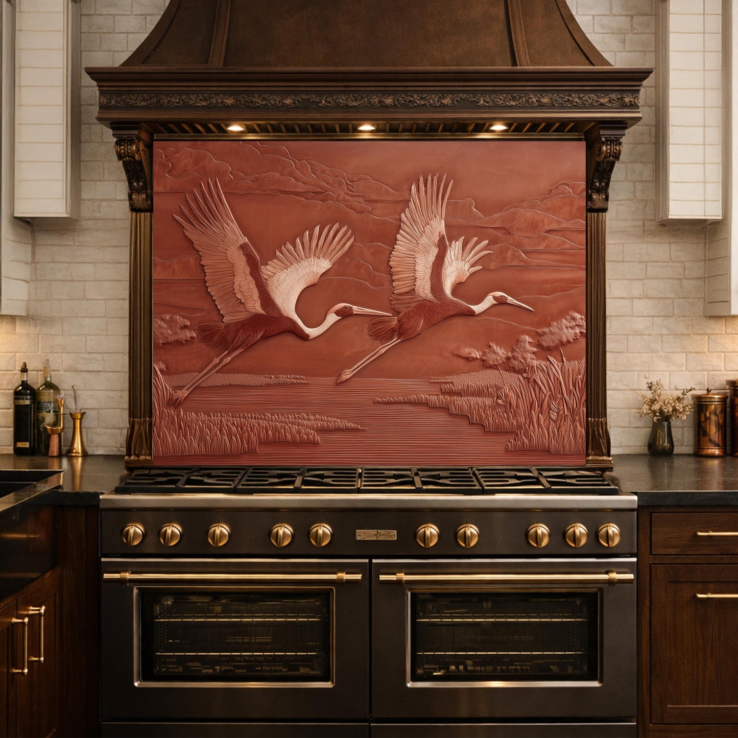 Copper Crane Relief Tempered Glass Backsplash, Wildlife Wetland Wall Panel, Stove Guard