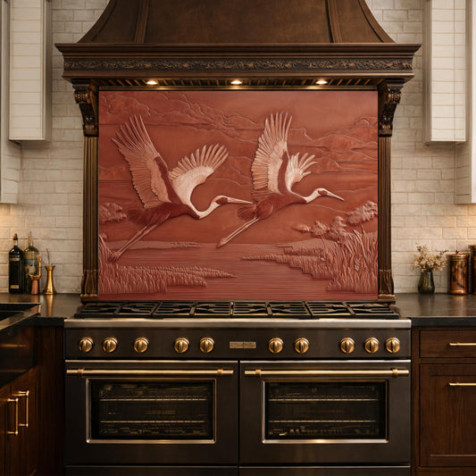 Copper Crane Relief Tempered Glass Backsplash, Wildlife Wetland Wall Panel, Stove Guard
