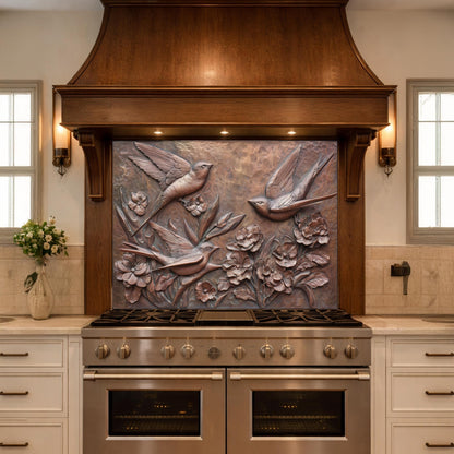 Hammered Copper Birds and Flowers Tempered Glass Backsplash, Rustic Metal Relief Wall Panel