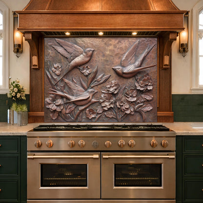 Hammered Copper Birds and Flowers Tempered Glass Backsplash, Rustic Metal Relief Wall Panel