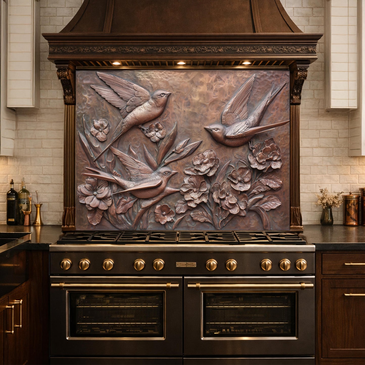Hammered Copper Birds and Flowers Tempered Glass Backsplash, Rustic Metal Relief Wall Panel