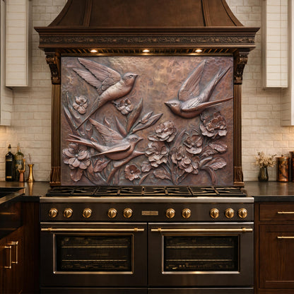 Hammered Copper Birds and Flowers Tempered Glass Backsplash, Rustic Metal Relief Wall Panel