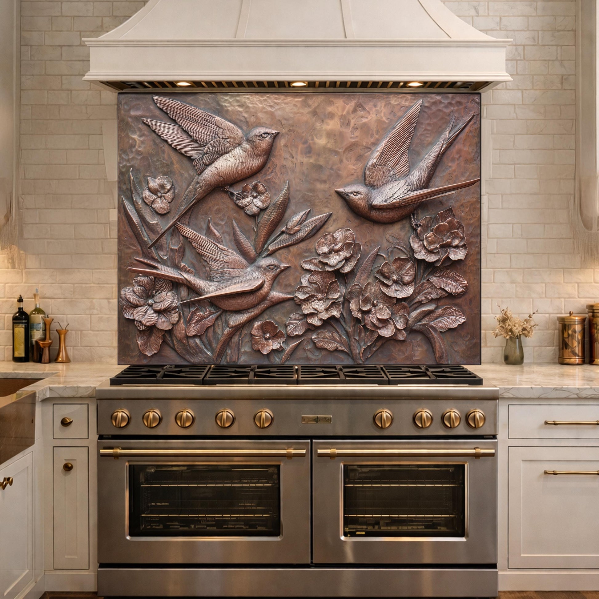 Hammered Copper Birds and Flowers Tempered Glass Backsplash, Rustic Metal Relief Wall Panel