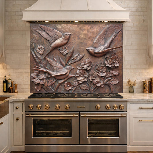 Hammered Copper Birds and Flowers Tempered Glass Backsplash, Rustic Metal Relief Wall Panel
