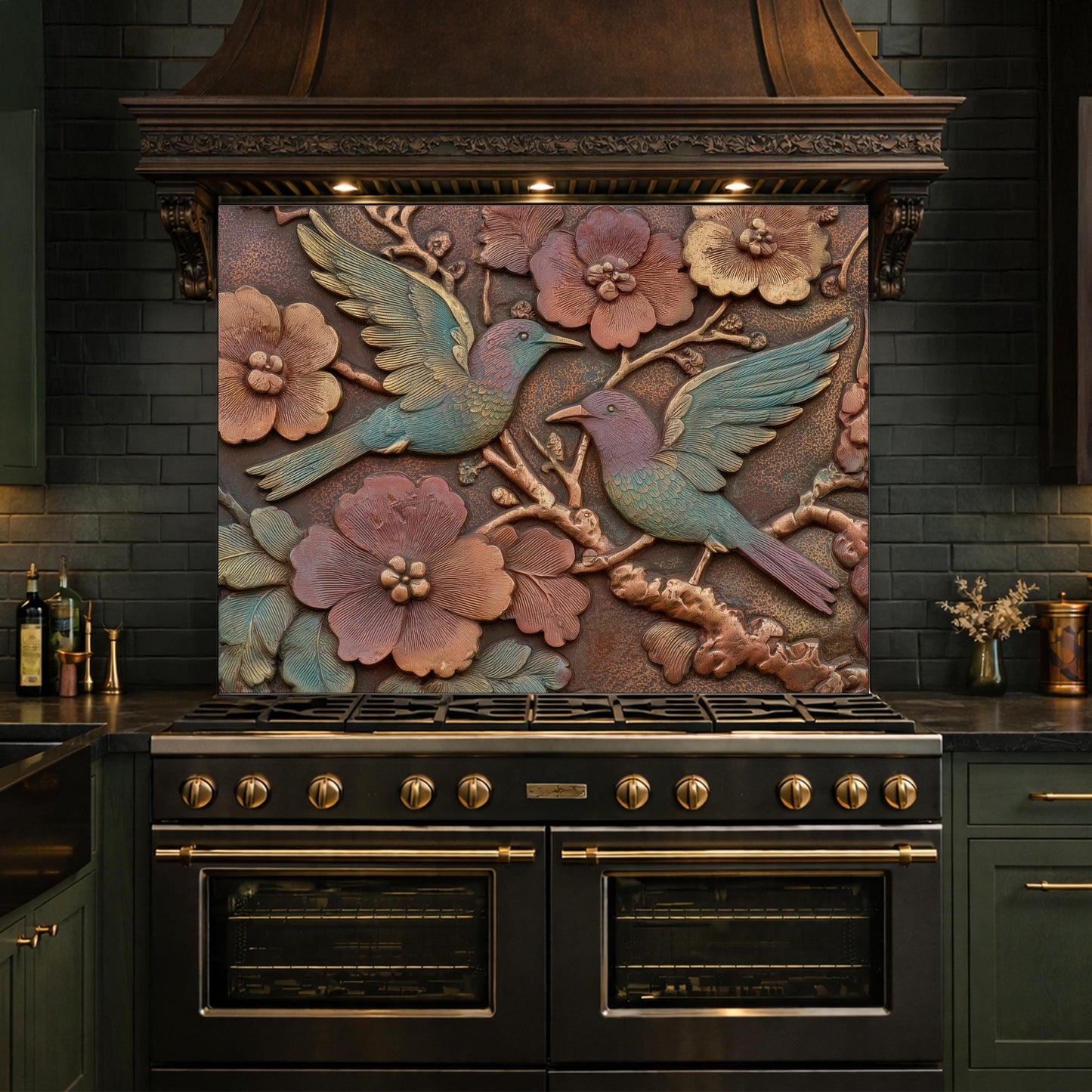 Colorful Songbirds in Copper Floral Relief Tempered Glass Backsplash, Rustic Botanical Wall Panel