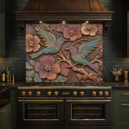Colorful Songbirds in Copper Floral Relief Tempered Glass Backsplash, Rustic Botanical Wall Panel