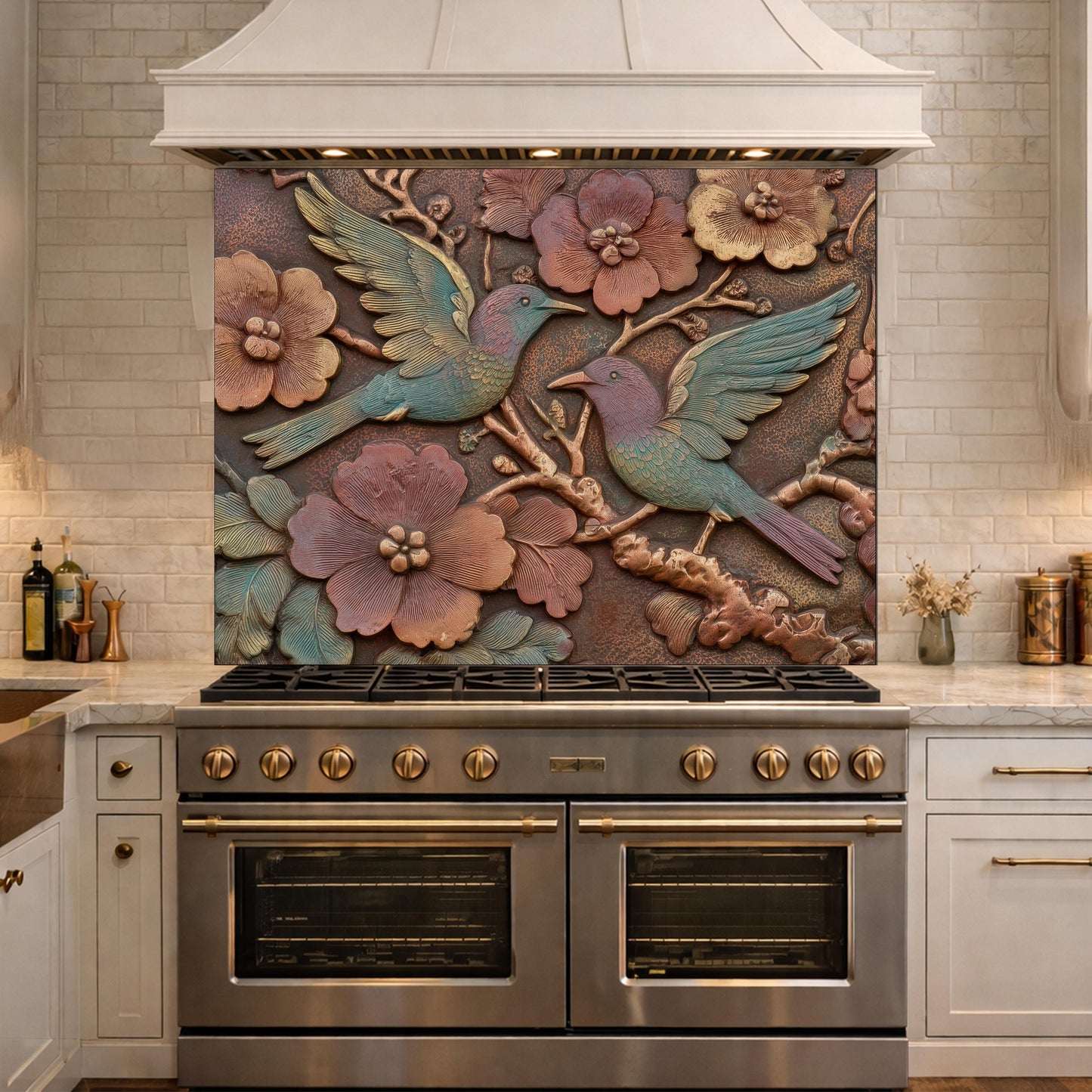 Colorful Songbirds in Copper Floral Relief Tempered Glass Backsplash, Rustic Botanical Wall Panel
