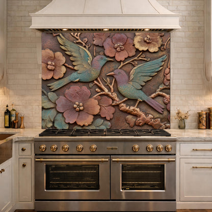 Colorful Songbirds in Copper Floral Relief Tempered Glass Backsplash, Rustic Botanical Wall Panel