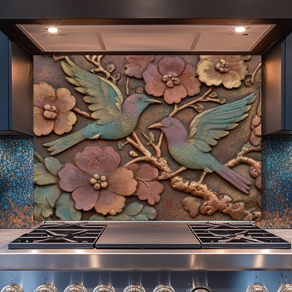 Colorful Songbirds in Copper Floral Relief Tempered Glass Backsplash, Rustic Botanical Wall Panel