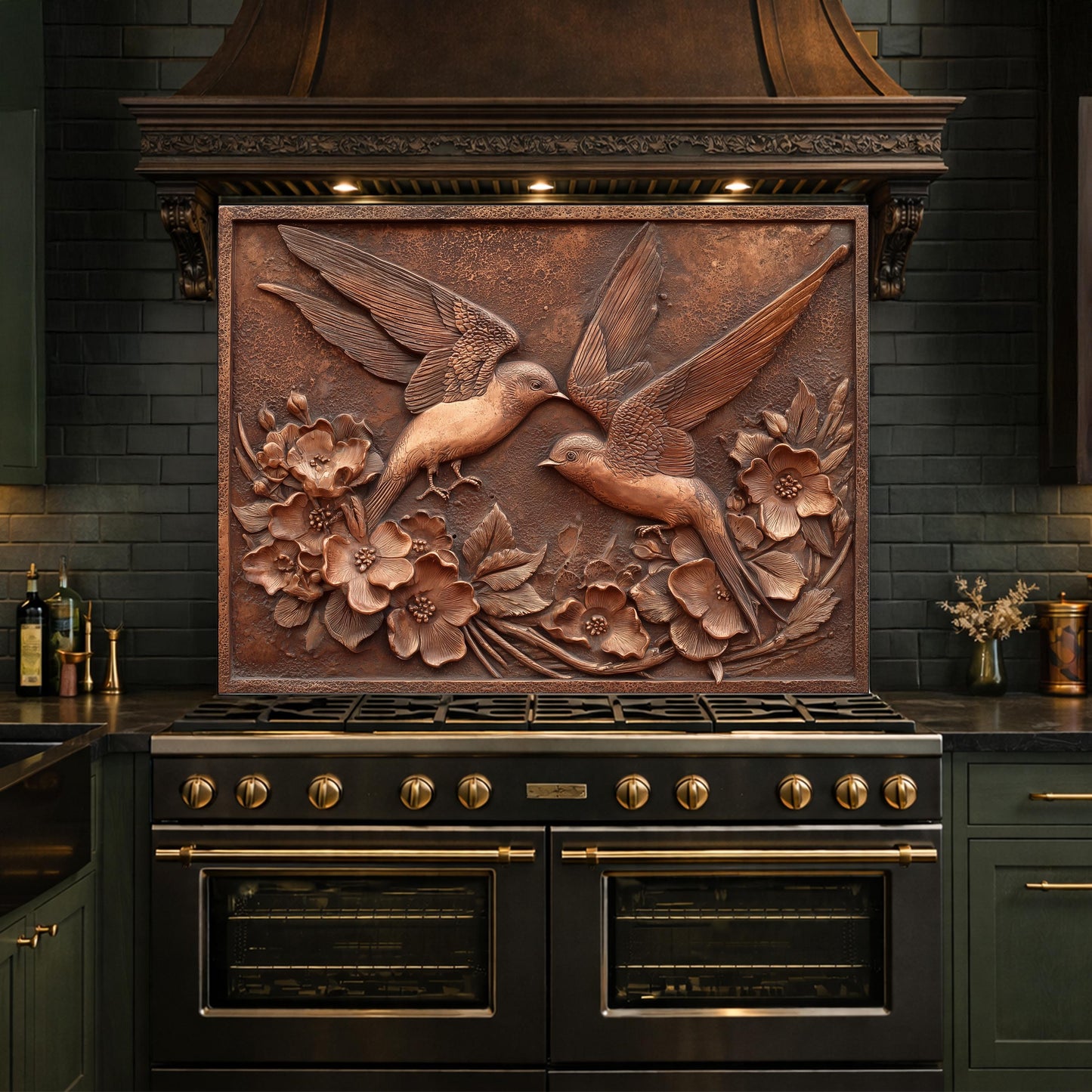 Copper Birds and Rose Relief Tempered Glass Backsplash, Rustic Metal Floral Wall Panel