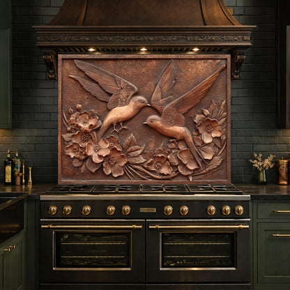 Copper Birds and Rose Relief Tempered Glass Backsplash, Rustic Metal Floral Wall Panel
