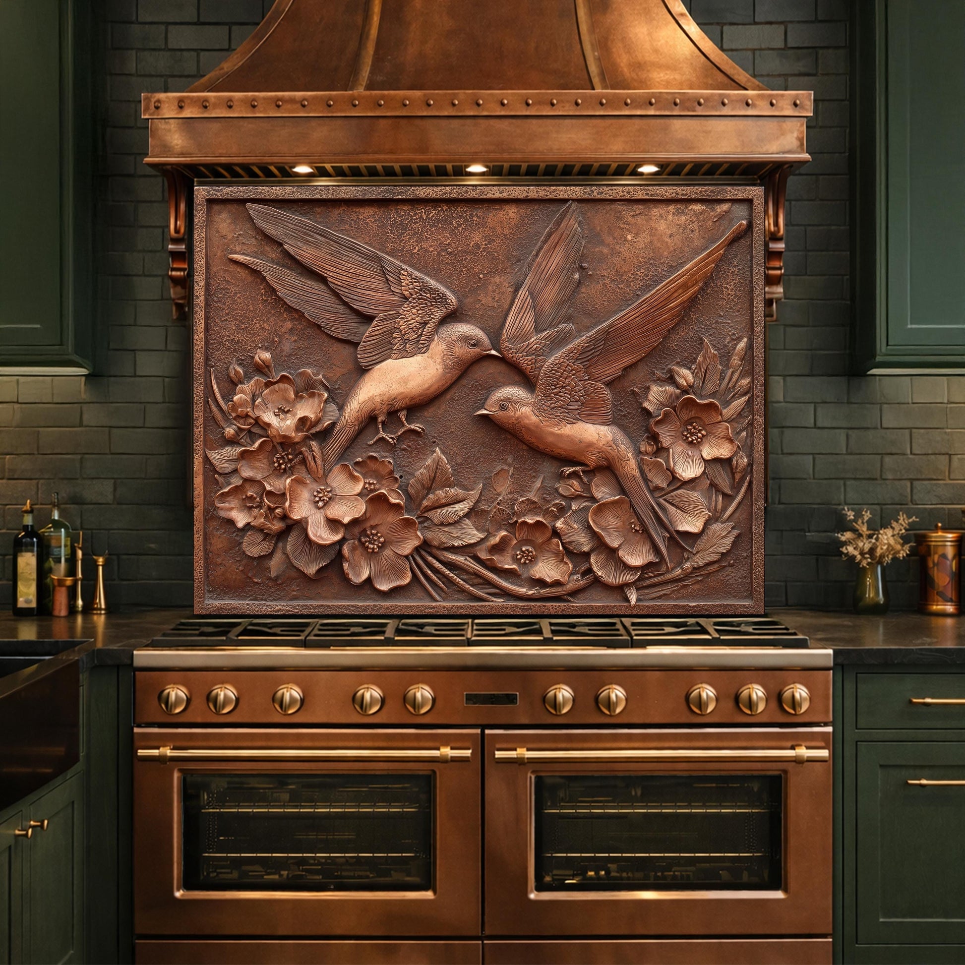 Copper Birds and Rose Relief Tempered Glass Backsplash, Rustic Metal Floral Wall Panel