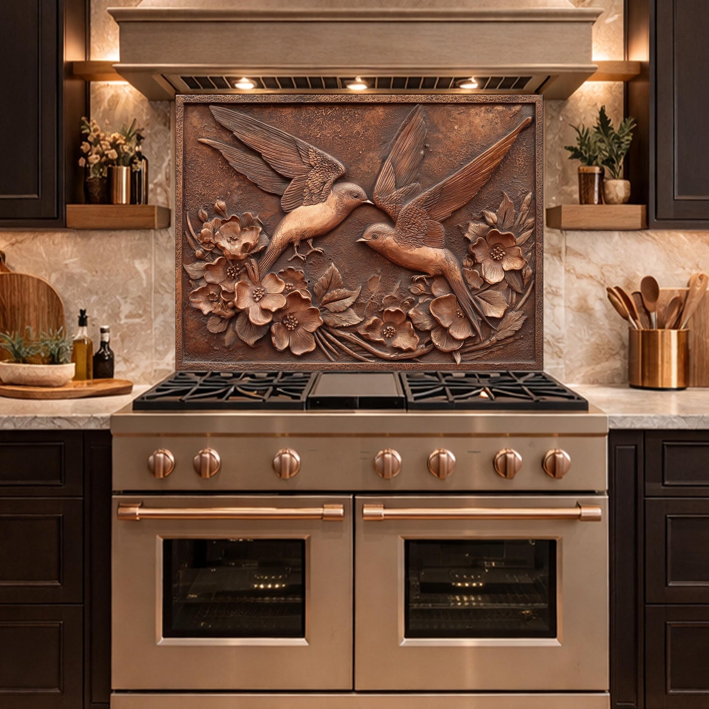 Copper Birds and Rose Relief Tempered Glass Backsplash, Rustic Metal Floral Wall Panel