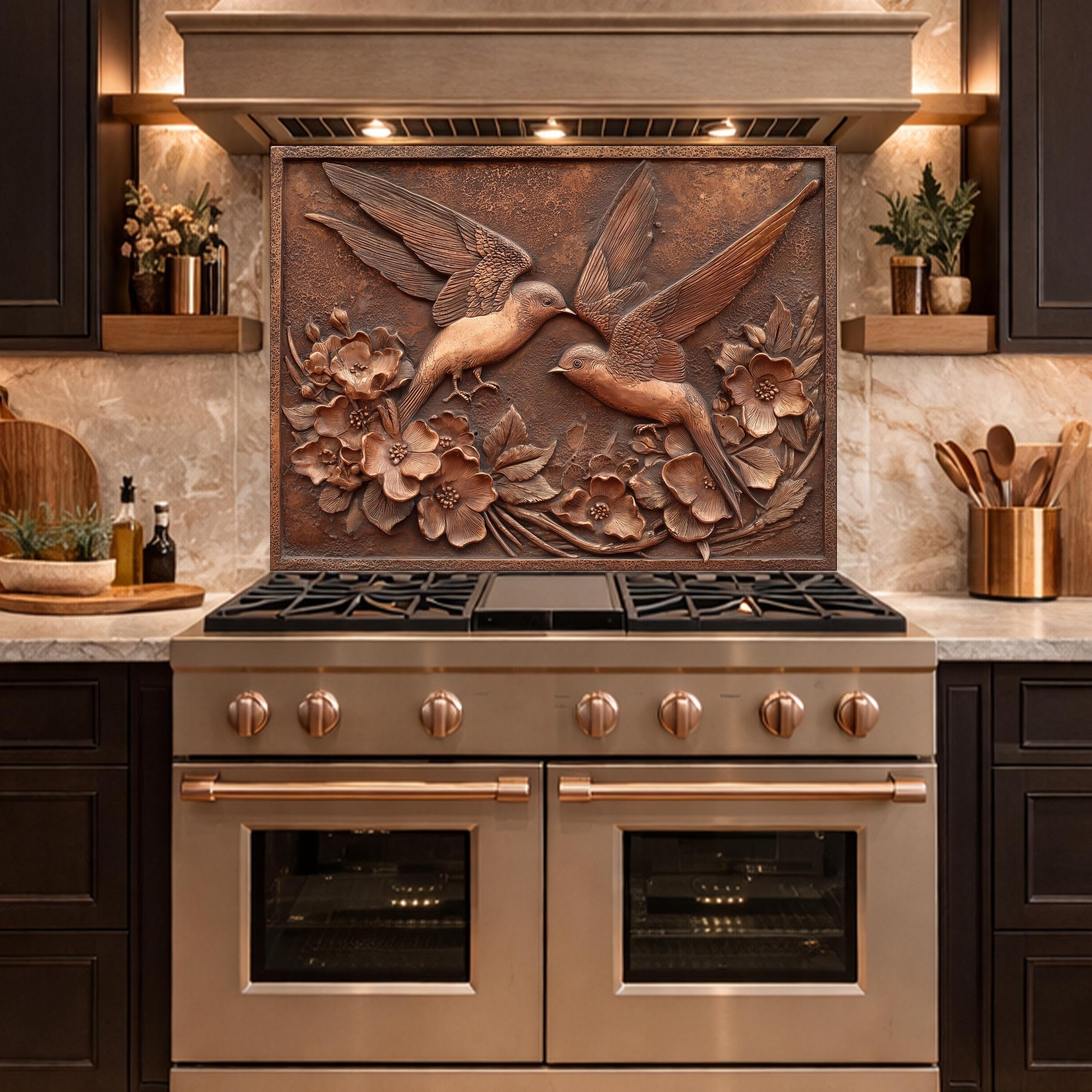 Copper Birds and Rose Relief Tempered Glass Backsplash, Rustic Metal Floral Wall Panel