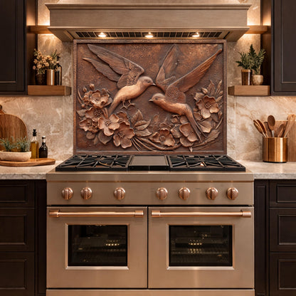 Copper Birds and Rose Relief Tempered Glass Backsplash, Rustic Metal Floral Wall Panel