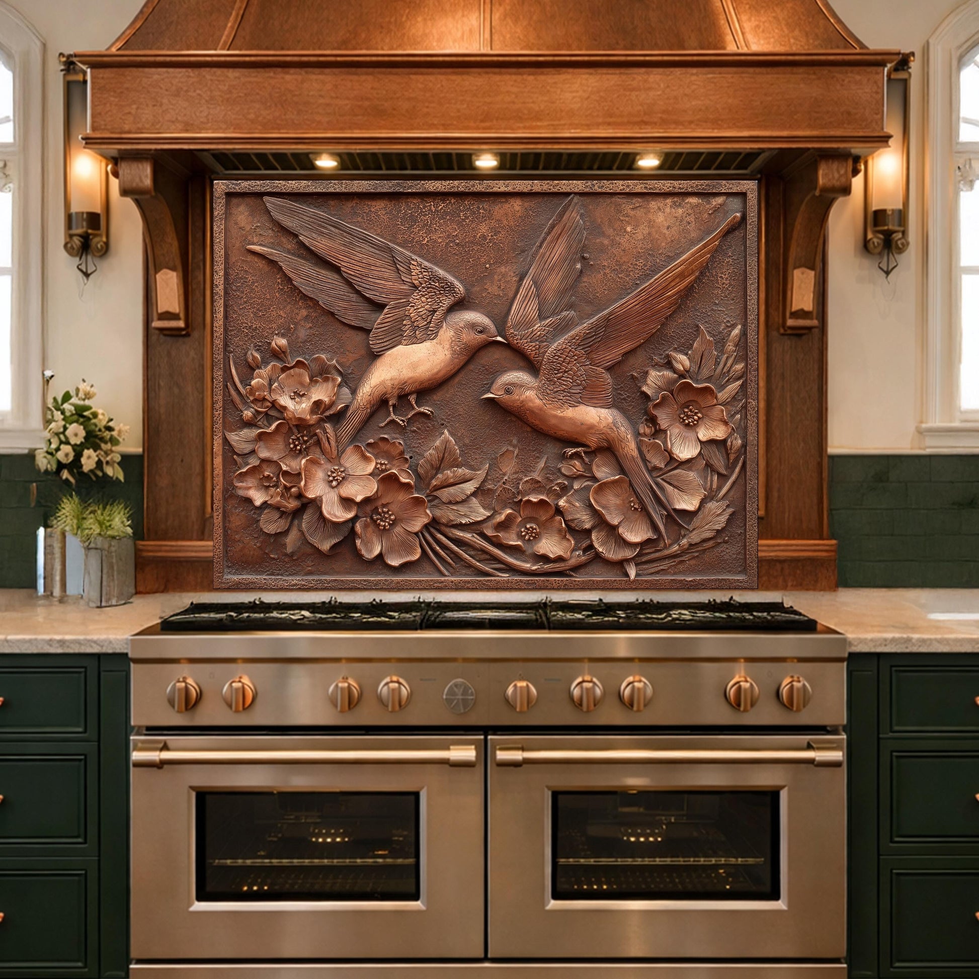 Copper Birds and Rose Relief Tempered Glass Backsplash, Rustic Metal Floral Wall Panel