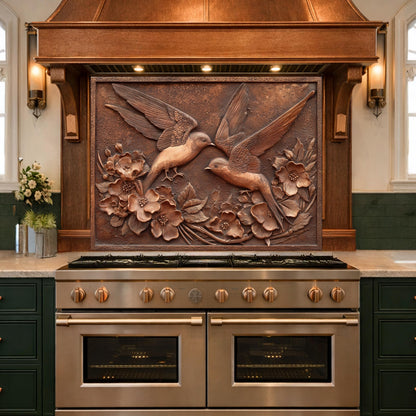 Copper Birds and Rose Relief Tempered Glass Backsplash, Rustic Metal Floral Wall Panel